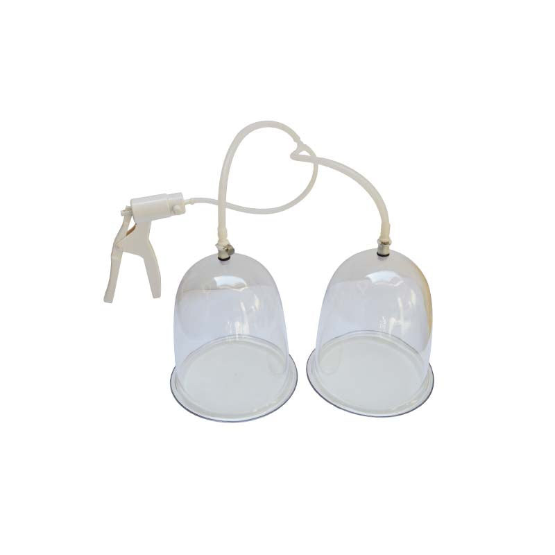 Non-surgical breast enlargement system with two cups, manual hand pump, and silicone tubing for natural breast growth