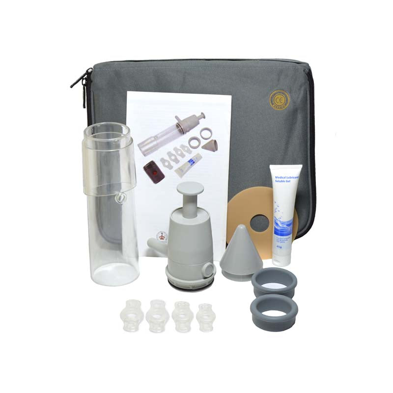 PowerX Vacuum Erection System complete set with manual pump, cylinder, erection rings, and accessories for erectile dysfunction treatment in the UK.