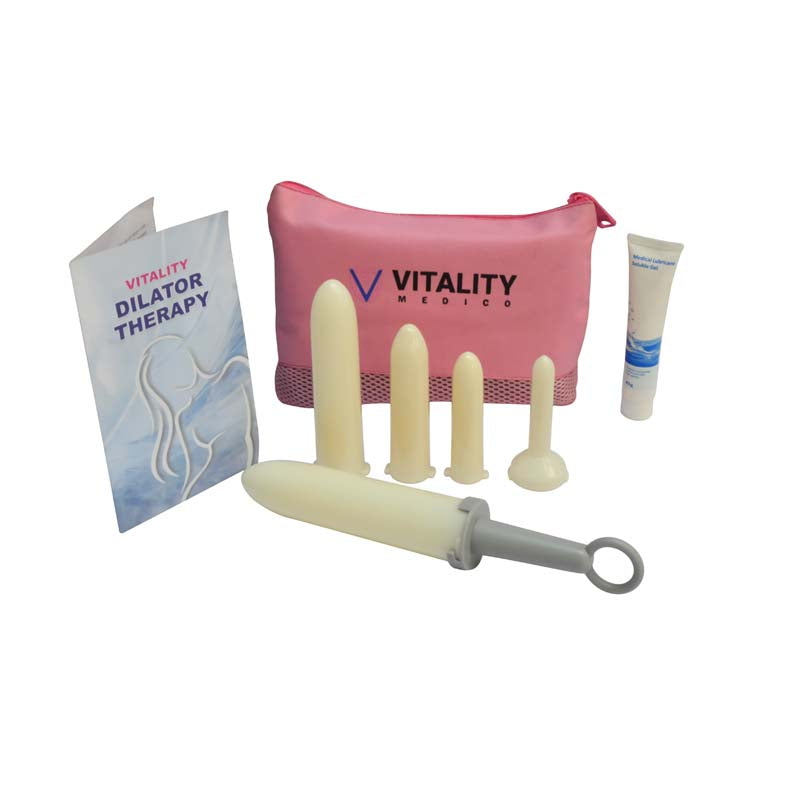 Softlilate® V1 vaginal dilator set with 5 graduated sizes, twist and lock handle, lubricating gel, and discreet bag for post-surgery and painful sex therapy.